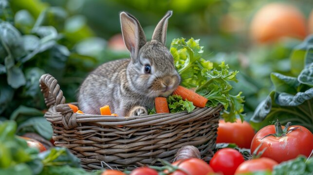 A small bunny found its way into a vegetable basket left on the floor, nibbling on carrots and greens, with bits of veggies scattered around