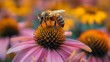 A summer garden in full bloom, with a focus on a bee pollinating a flower, surrounded by a variety of colorful plants and flowers, highlighting the importance of nature and sustainability