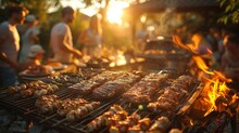 A Summer Barbecue Party In A Backyard, With A Grill Full Of Delicious Food, People Laughing And Chatting, And A Setting That Screams Summer Gatherings