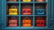 A vibrant display of designer handbags on elegant shelving in a high-end retail store, with a variety of styles and colors catered to fashion-forward individuals, offering an array of choices