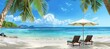 Beautiful beach with palm trees and lounge chairs under an umbrella on the shore of crystal clear blue water against a white sky background panorama Generative AI
