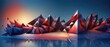 Abstract composition of 3D triangles. Blue and red colors. Illustration