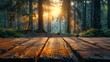 An elegant wooden table with a blurred background of a forest clearing at twilight, the remaining light casting shadows and creating a mysterious yet inviting atmosphere for unique product showcases