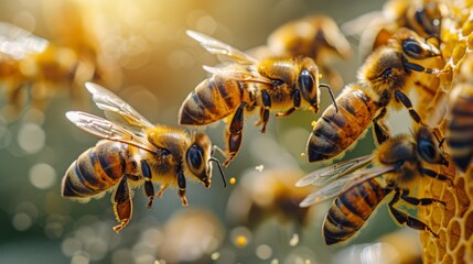 Wall Mural - Flying honey bees make their way into a beehive, gathering pollen on the meadow. This macro shot offers a low depth of focus 