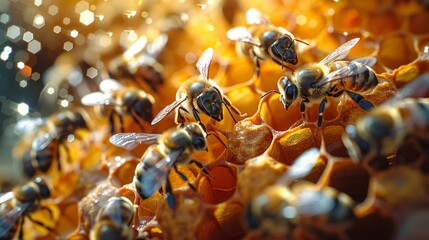 Wall Mural - Focus on bees entering or exiting the hive, highlighting the geometric beauty of the hive structure and the bees role in maintaining it. 