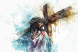 Jesus takes up his Cross. Digital watercolor painting