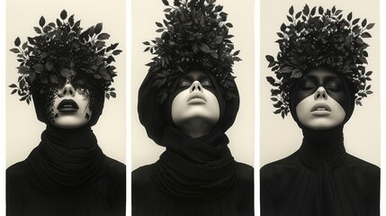 Sticker - a series of three photographs of a woman's face with leaves on her head and a black scarf on her head.