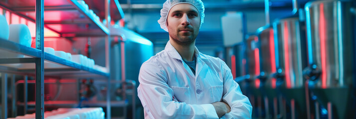 portrait of a worker in a food processing plant, ensuring quality and safety standards are met.