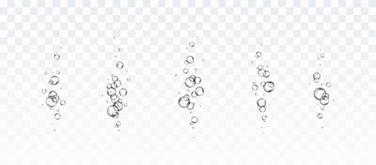 Poster - Bubbles underwater texture isolated on transparent background. Vector fizzy air, gas or oxygen under water. Realistic champagne drink, soda effect templates set
