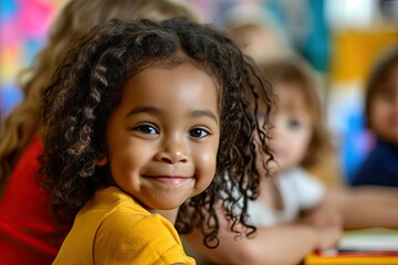 Sticker - A young girl with curly hair is smiling at the camera