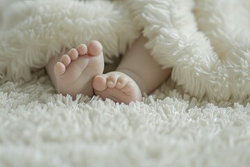 Wall Mural - A baby's feet are laying on a white blanket