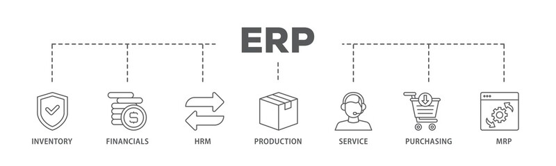 Wall Mural - ERP banner web icon illustration concept with icon of inventory, financials, hrm, production, service, purchasing, and mrp icon live stroke and easy to edit 