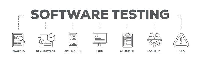 Software testing banner web icon illustration concept with icon of bugs, code, usability, approach, application, development, analysis icon live stroke and easy to edit 