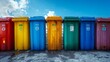 The sharp contrast of colorful recycling bins against a serene blue sky in a residential area, where each bin is designated for a specific type of recyclable material, showcasing the simple yet