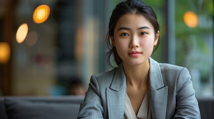 Wall Mural - Portrait of young mixed race Asian businesswoman sitting