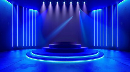 Wall Mural - Stage podium with lighting, Stage Podium Scene with for Award Ceremony on blue Background,