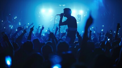 Vocalist in front of crowd on scene in stadium. Bright stage lighting, crowded dance floor. Phone lights at concert.