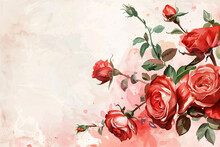 Illustration Of Beautiful Red Watercolor Style Roses On Side Of Pink Bakcground With Copy Space