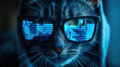 Funny hacker cat works at computer in dark room, cyber data reflected in glasses. Concept of ransomware, technology, hack, animal, humor, scam, crime and virus