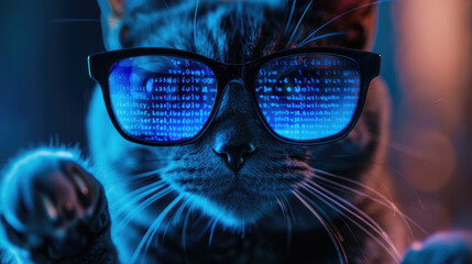 Wall Mural - Funny hacker cat works at computer in dark room, cyber data reflected in glasses. Concept of spy, ransomware, technology, hack, animal, humor, scam, crime