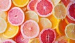 Juicy pink and orange with lemon circle slices texture citruses background. Bright and juicy. Flat lay of sliced citrus fruits.