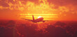 Airliner gracefully climbing in the warm hues of a sunrise, with the silhouette against a colorful sky, epitomizing the beauty of departure.