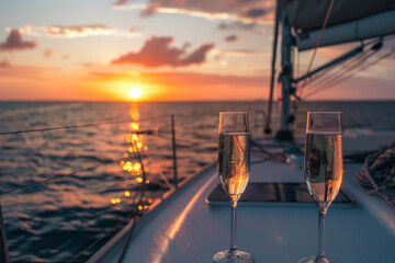 Two champagne glasses on a sailboat with a sunset over the ocean