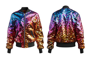 Front and back view of a multi-colored sequin bomber jacket template. Sparkling and colorful, a statement piece for any fashion-forward wardrobe, mockups for design and print, isolated on a white or t