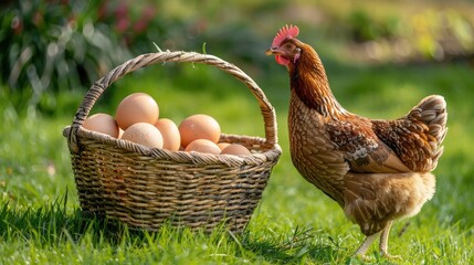 Wall Mural - Brown eggs in basket and There was hen standing on side isolated on Grass background, concept Eggs Fresh from farm