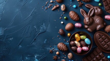 Wall Mural - Delicious chocolate easter eggs ,bunny and sweets on dark blue background