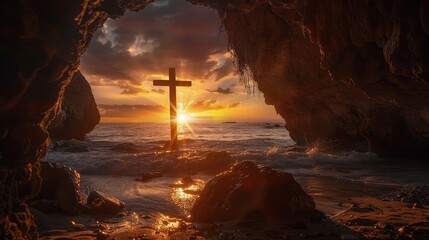 Wall Mural - Sunset view of a wooden cross from a cave.