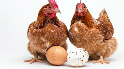 Wall Mural - Two chickens and eggs isolated on a white background.