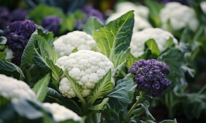 Sticker - Cauliflower field with purple and white flowers in the garden.