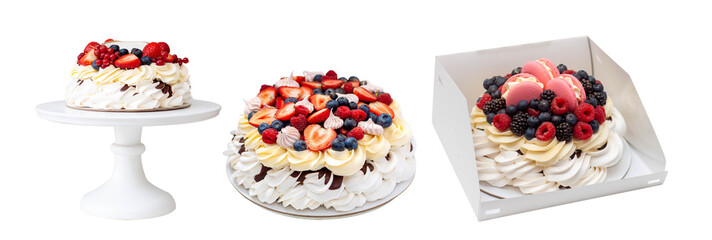 Wall Mural - Pavlova cake with whipped cream cheese, chocolate sauce and fresh berries on grey background. Beautiful cake for the Birthday party