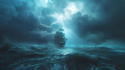Wall Mural - Ship in the Ocean Thunder Storm Aspect 16:9
