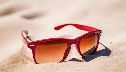 Red summer sunglasses on the sand of a beach, reflections on the lens