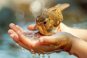 little bird drinking water from child's hands