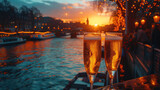 Fototapeta Fototapeta Londyn - Illustration of a foreground close-up over two glasses of sparkling wine ready for a toast to a beautiful scene of London by the River Thames at a magical sunset