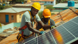 Fototapeta Most - Skilled African men work together to install solar panels on a roof in Africa, contributing to the region's sustainable development and harnessing renewable energy for their community's empowerment
