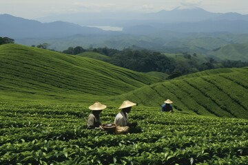 Two individuals harvest Assam tea leaves in a picturesque mountainous field