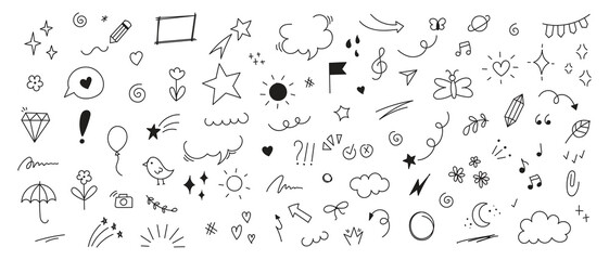 Wall Mural - Set of pen line doodle element vector. Hand drawn doodle style collection of heart, arrows, scribble, speech bubble, star. Cute isolated collection for office