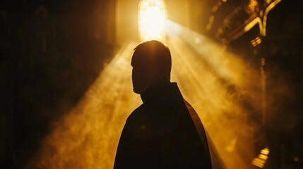 Wall Mural - Silhouette of a priest against the background of rays of light