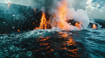 Wall Mural - Underwater view of lava entering the sea, creating a unique interaction between fire and water.