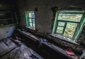 Sticker - Inside old cottage in abandoned Stechanka village in Chernobyl Exclusion Zone, Ukraine