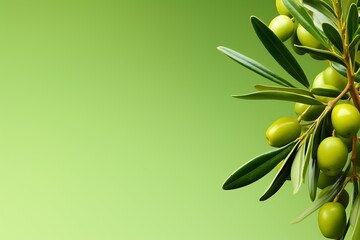 Olive branch with green olives on green background with copy space