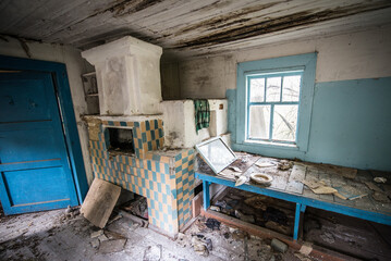 Wall Mural - Interior of cottage in abandoned Stechanka village in Chernobyl Exclusion Zone, Ukraine