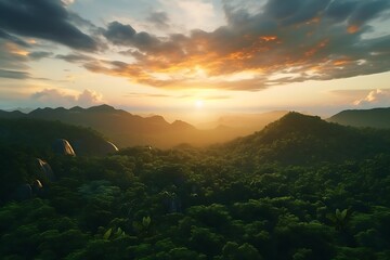 Wall Mural - Aerial view of beautiful sunset over the forest and lake in the morning