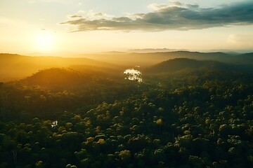 Wall Mural - Aerial view of beautiful sunset over the forest and lake in the morning