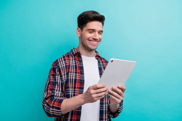 Poster - Photo of funky cool guy wear checkered shirt communicating instagram twitter telegram facebook isolated blue teal color background