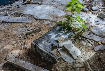 Canvas Print - Old boot in school in Illinci abandoned village in Chernobyl Exclusion Zone, Ukraine